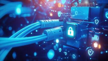 Network security concept with cables, padlock, and shield icons protecting data flow photo