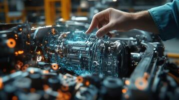 Engineer interacting with holographic engine using augmented reality interface in futuristic factory setting photo