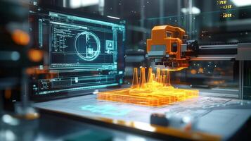 Futuristic 3d printer creating hologram model in laboratory photo