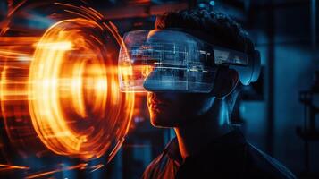 Engineer wearing vr headset interacting with holographic interface in futuristic factory photo
