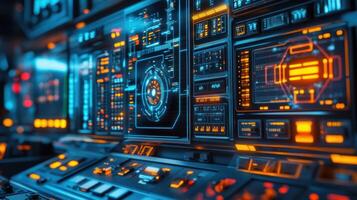 Futuristic control panel showing complex data analysis and processing information photo