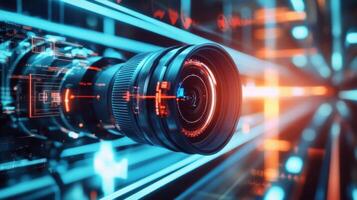 Camera lens recording futuristic data stream in cyberspace photo