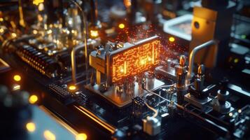 Futuristic microchip processing data on motherboard, glowing with innovation photo
