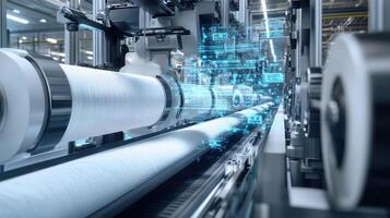 Smart factory, automated production line processing textile yarn with futuristic hologram interface photo