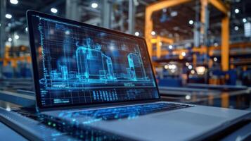 Laptop showing hologram of building plans in modern factory setting photo