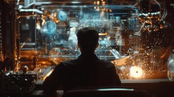 Industrial engineer working with futuristic transparent display and monitoring production process in a high tech factory photo