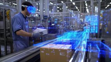 Engineer working with virtual reality goggles in a modern factory photo