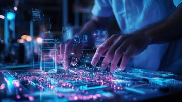 Engineer working with holographic futuristic interface in augmented reality photo
