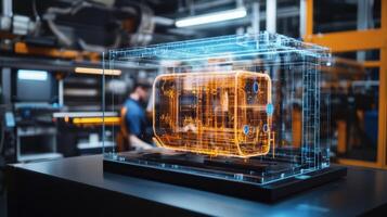 Futuristic projection of engine component illuminates modern factory setting photo