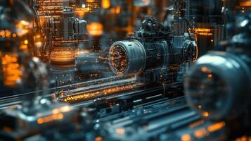 Futuristic industrial machinery operating with network connections and data flow photo