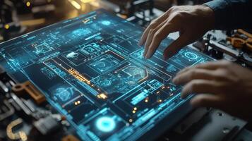 Engineer interacting with futuristic transparent display showing complex schematics and data visualizations photo