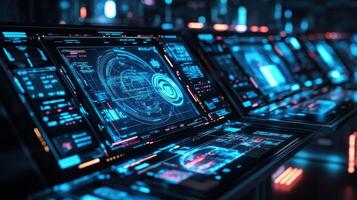 Futuristic control room monitoring showing data analysis on multiple screens photo