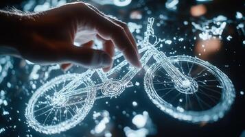 Engineer interacting with futuristic hologram of bicycle design photo