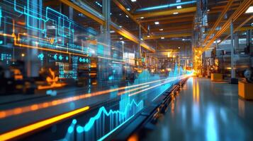 Smart factory analytics showing production statistics and progressing charts in a modern industrial plant photo