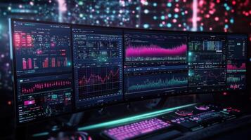 Modern workplace showing financial data on multiple computer screens photo