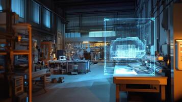 Futuristic industrial engineering software showing 3d hologram of a turbine in a factory setting photo