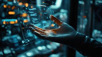 Software engineer using futuristic interactive screen with data and code photo