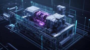 Futuristic engine exploding with energy and data analysis lines photo