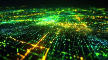 Futuristic city lights showing data flowing through network grid photo