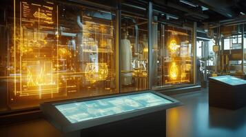 Futuristic factory control room monitoring system showing interactive data analysis photo