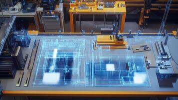 Futuristic industrial engineering using augmented reality projection on assembly line photo