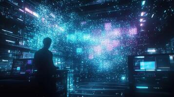 Programmer working in futuristic cyberspace with digital data flow photo
