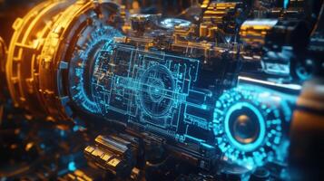 Futuristic engine revealing complex schematics through holographic projection photo