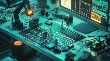 Futuristic electronics lab showing circuit board design on desk photo