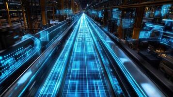 Data streaming through futuristic conveyor belt in automated factory photo