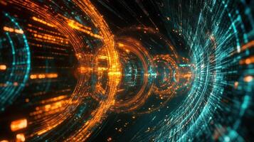 Futuristic data stream flowing through cyberspace tunnel visualization photo