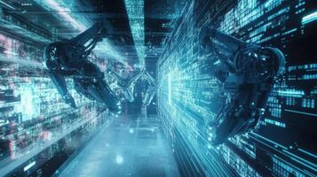 Robotic arms maintaining digital data stream in futuristic server room photo