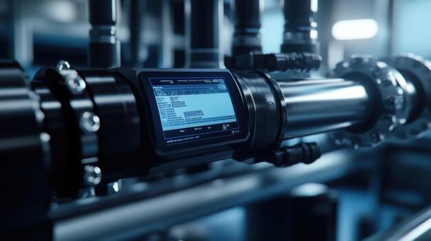Digital sensor displaying data on industrial pipeline in modern factory photo