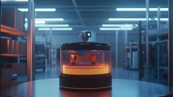 Futuristic robot monitoring and controlling production process in warehouse photo