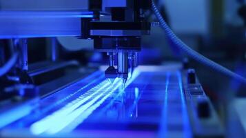 Automated machine processing microchips on production line in high tech factory photo