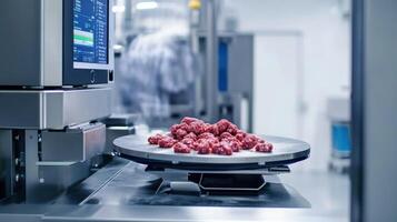 Ground meat being processed by industrial food processing machine photo