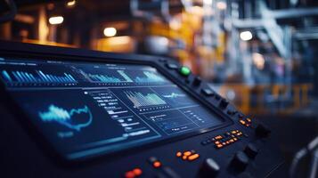 Industrial control panel displaying real time data in factory setting photo