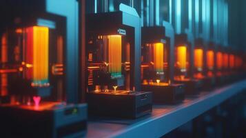 3d printers printing colorful objects in a dark room photo