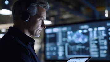 Network engineer wearing headphones working with computer and tablet in system control room photo