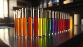 Test tubes containing colored liquids creating a gradient effect are arranged on a laboratory table photo
