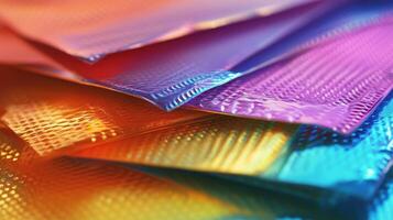 Colorful bubble wrap sheets creating an abstract pattern photo