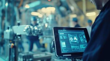 Industrial engineer using tablet to control robotic arm in factory photo