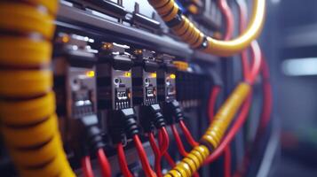 Server room cables connecting to network hardware, ensuring seamless data flow and connectivity photo