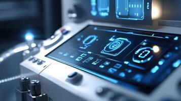 Futuristic control panel showing camera icon and data analysis displaying complex information photo