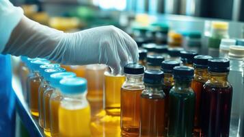 Scientist picking sample vials with colorful liquids in laboratory photo