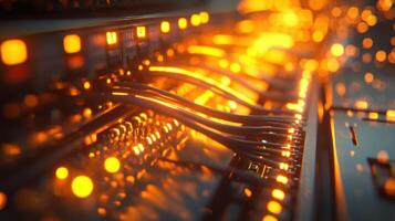 Server room cables connecting to network hardware and flashing lights photo