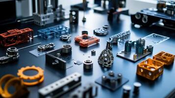 Various 3d printed prototypes laying on table in engineering workshop photo