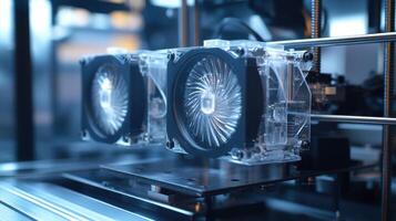 Automated industrial 3d printer creating futuristic transparent plastic object photo