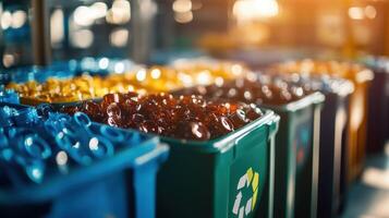 Glass bottles being separated by color for recycling in a waste sorting plant photo
