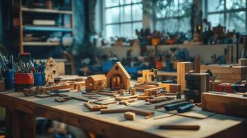 Carpenter creating wooden architectural model houses in workshop photo