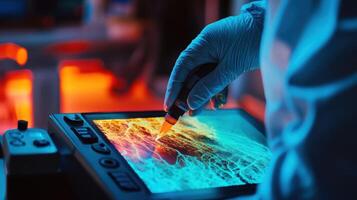 Scientist analyzing data on futuristic touchscreen in modern laboratory photo